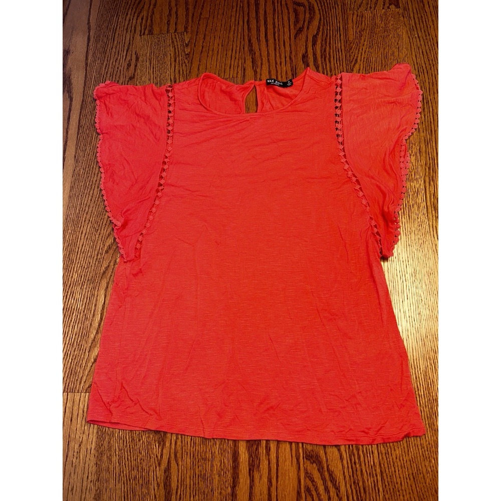 MAX JEANS Women's Medium Coral Flutter Sleeve Blouse Pom Trim